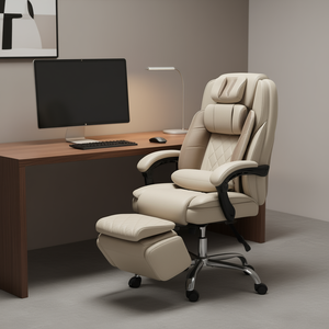 Silla Ejecutiva de Oficina Color Beige, con Reposabrazos Ajustables, Reposapiés, Masaje con Calor y Base Giratoria - Product Image 2