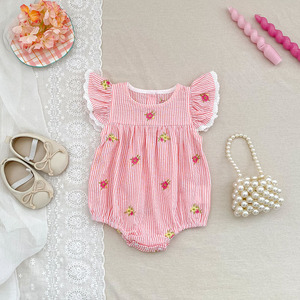 Combinaison-pantalon pour bébé fille à rayures florales d'été avec manches bouffantes, jupe en coton, style occidental, vêtements pour sœurs, vêtements pour enfants - Product Image 2