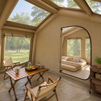 Tente Cabine Gonflable en Toile Kaki 17,28 m² 3,6x4,8x2,3m avec Portes AB, Fenêtres en Mélange de Coton, Tente Gonflable pour 7-10 Personnes, Glamping Familial