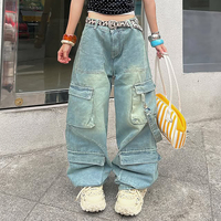 MZN Pantalon évasé pour femme personnalisé américain taille haute Baggy surdimensionné Cargo Jeans Y2K Vintage Washed Style Sexy 3D Made Denim