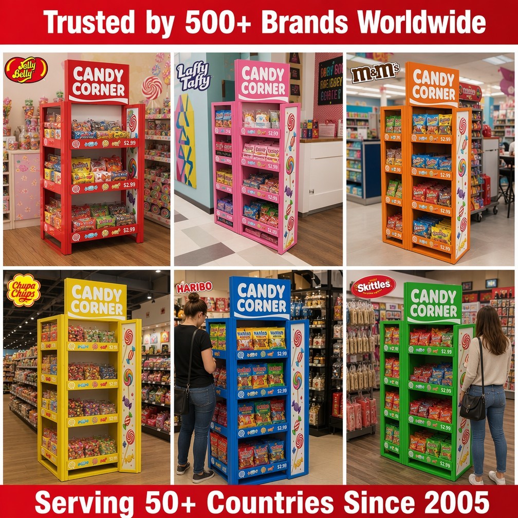 Apache Custom Candy Display Rack 4-Way 4-Tier Metal Confectionery Merchandiser Knock Down Rotating Stand for Gift Shop OEM ODM — view 6