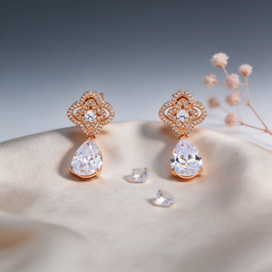 ทองแดงชุบทองคำชมพู 18K ต่างหูทรงหยดน้ำประดับเพชรแบบพาเว่ - Product Image 3
