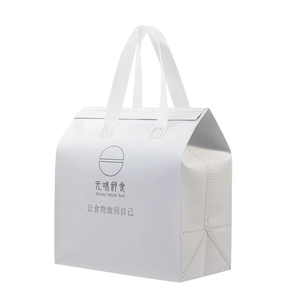 Vente en gros de sacs isothermes non tissés imperméables à emporter pour desserts et boissons au restaurant avec poignée vendus en blanc