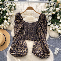 Haut court d'été pour femme, imprimé léopard, froncé, à épaules dénudées, manches longues bouffantes, style Y2K streetwear