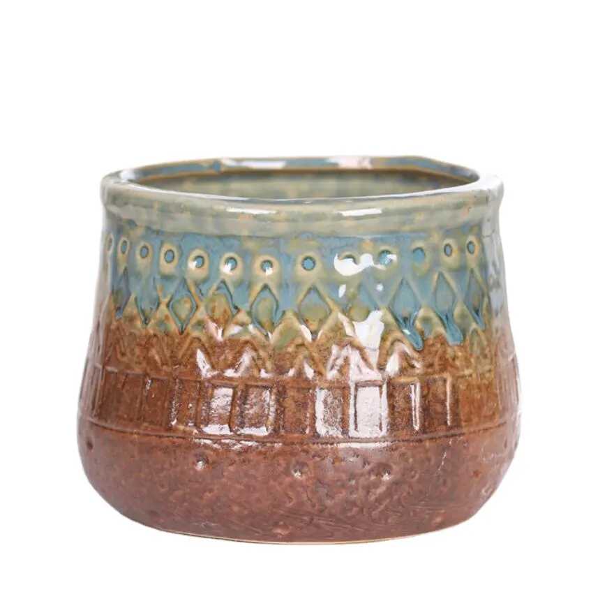 Jardinage écologique Mini pot de fleurs d'intérieur rond en poterie brute bleu marron