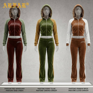 Ensemble de survêtement décontracté 2 pièces <span class=keywords><strong>en</strong></span> <span class=keywords><strong>velours</strong></span> pour femme, avec logo personnalisé, style rétro Y2K, comprenant un sweat à capuche court doublé imprimé léopard et un <span class=keywords><strong>pantalon</strong></span> <span class=keywords><strong>évasé</strong></span> taille haute - Product Image 2