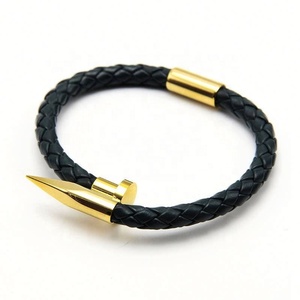 Bracelet tressé Zyo tendance et simple pour homme, style punk, bracelet en acier inoxydable et cuir véritable PU pour femme, avec clou M - Product Image 4
