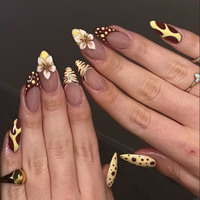 Faux ongles longs en plastique amande, couleur marron-jaune, avec motifs 3D fleurs, rayures abstraites et pois, réutilisables pour les doigts