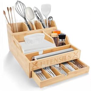 Wooden Utensil <b>Storage</b> <b>Box</b> With Drawers And Compartments For <b>Kitchen</b> Desktop Organizer Space Saving Rectangular Standing Type - Product Image 1
