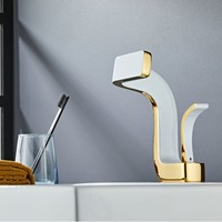 Robinet mitigeur de lavabo monocommande en laiton avec valve en céramique, à poser sur comptoir, pour eau chaude/froide, pour salle de bain, couleur or blanc