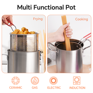 Ensemble de 3 casseroles multifonctionnelles en acier inoxydable avec panier de friture, poignées en silicone et couvercle en verre jetable pour la cuisson - Product Image 4