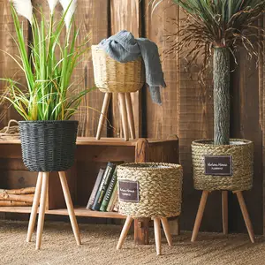 Plant Pots Woven Rattan Nordic Modern Wholesale Succulent Stand Wood Garden Planters Flower Pots