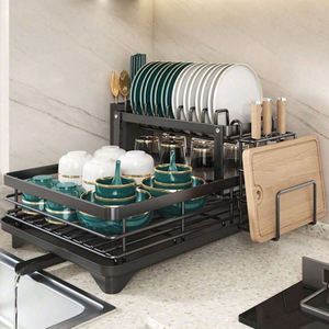 Égouttoir à vaisselle 2 niveaux en fil métallique, style unique, pour cuisine domestique, avec plateau de drainage - Product Image 2