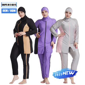 Traje de baño musulmán a rayas de talla grande personalizado para mujer con cremallera e Hijab Compatible con cobertura completa traje de baño estampado - Product Image 1