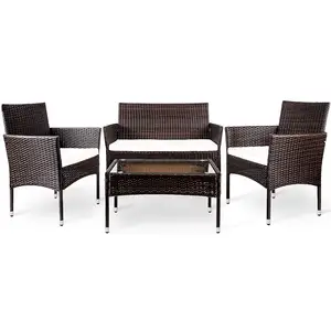 DASHING 4Pcs Outdoor Garden Brown Rattan Terrassen möbel Set mit 1 2-Sitzer Sofa 2 Sessel 1 Tee tisch