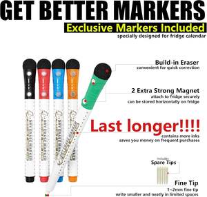 Kit de calendrier magnétique effaçable à sec - Réfrigérateur Mensuel Aimant extra-épais 5 marqueurs Crochets adhésifs Montage mural OEM - Product Image 3