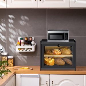 Caja de Almacenamiento de Pan de Bambú de Doble Capa, Organizador de Cocina de Escritorio, Contenedor de Alimentos y Artículos Diversos, Color Negro Oscuro Madera - Product Image 3