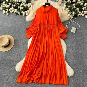 Littéraire et rétro tenue décontractée femmes nouvelle robe de printemps plissée lanterne manches décontracté ample simple boutonnage chemise longue jupe - Product Image 4