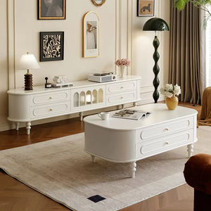 Ensemble de meubles TV en bois massif de style français, rangement à 4 tiroirs, meuble TV de salon en bois blanc - Product Image 2