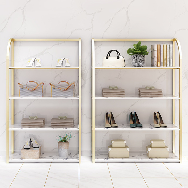 Commercial Golden Layered Display Furniture, Shoe & Handbag Storage Shelf for Retail Shoe Store and Clothing Boutique