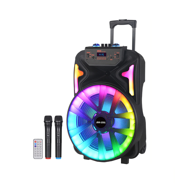 15 Inch Outdoor Portable Wireless Blue-tooth Karaoke Speaker With 2 Mic Colorful Light Stereo HIFI Bass BT Party Trolley Speaker