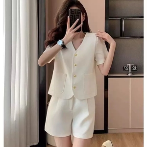 Conjunto de Traje Corto con Mangas Cortas <span class=keywords><strong>para</strong></span> Mujer, Atuendo de Verano con Chaqueta y Pantalones Cortos de Alta Gama, Conjunto de Dos Piezas - Product Image 2