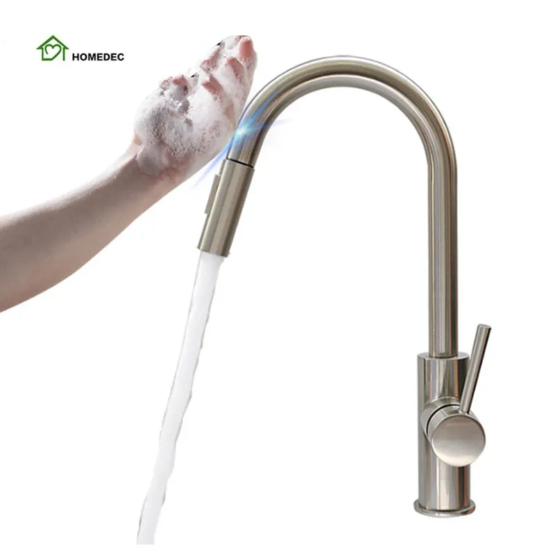 Brushed Nickel Automatic Smart Touch Sensor pull out water mixer tap Kitchen sink Faucet with Pull Down Sprayer