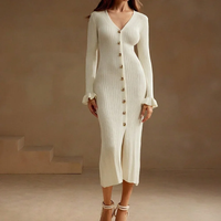 Gaun Rajut Bergaris Kancing Depan V-Neck Elegan Khusus Wanita, Model Slim Fit Lengan Ruffle Midi Bodycon