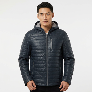 Blouson matelassé en cuir véritable bleu marine pour homme, style motard, doublure en cuir de vachette, classique, chaud, pour l'hiver - Product Image 1
