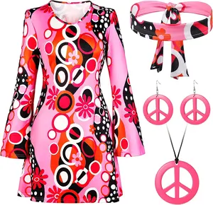 Women Hippie Costume Halloween Party Disco 70's Dance Costume Set Peace Sign Earring Necklace Headband Dress