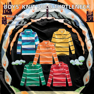 Polo à manches longues rayé décontracté, écologique, anti-rétrécissement, col roulé pour garçons, tissu en polyester/coton, 240g - Product Image 1
