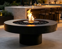 Table de foyer au gaz ronde contemporaine en acier avec télécommande, foyer au gaz autoportant pour usage intérieur