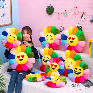 IN STOCK Kawaii Soft Sun Flowers Mat Sofa Plant Cushion Juguetes Toy Expression Colorful Plush Rainbow Sunflower <strong>Pillow</strong> - Product Image 2