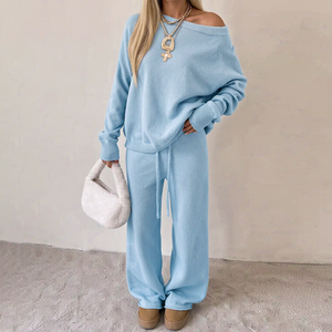 Ensemble tricoté personnalisé pour femme, pull à épaules dénudées à manches longues et pantalon large à cordon de serrage, doux et décontracté, deux pièces pour l'hiver - Product Image 1