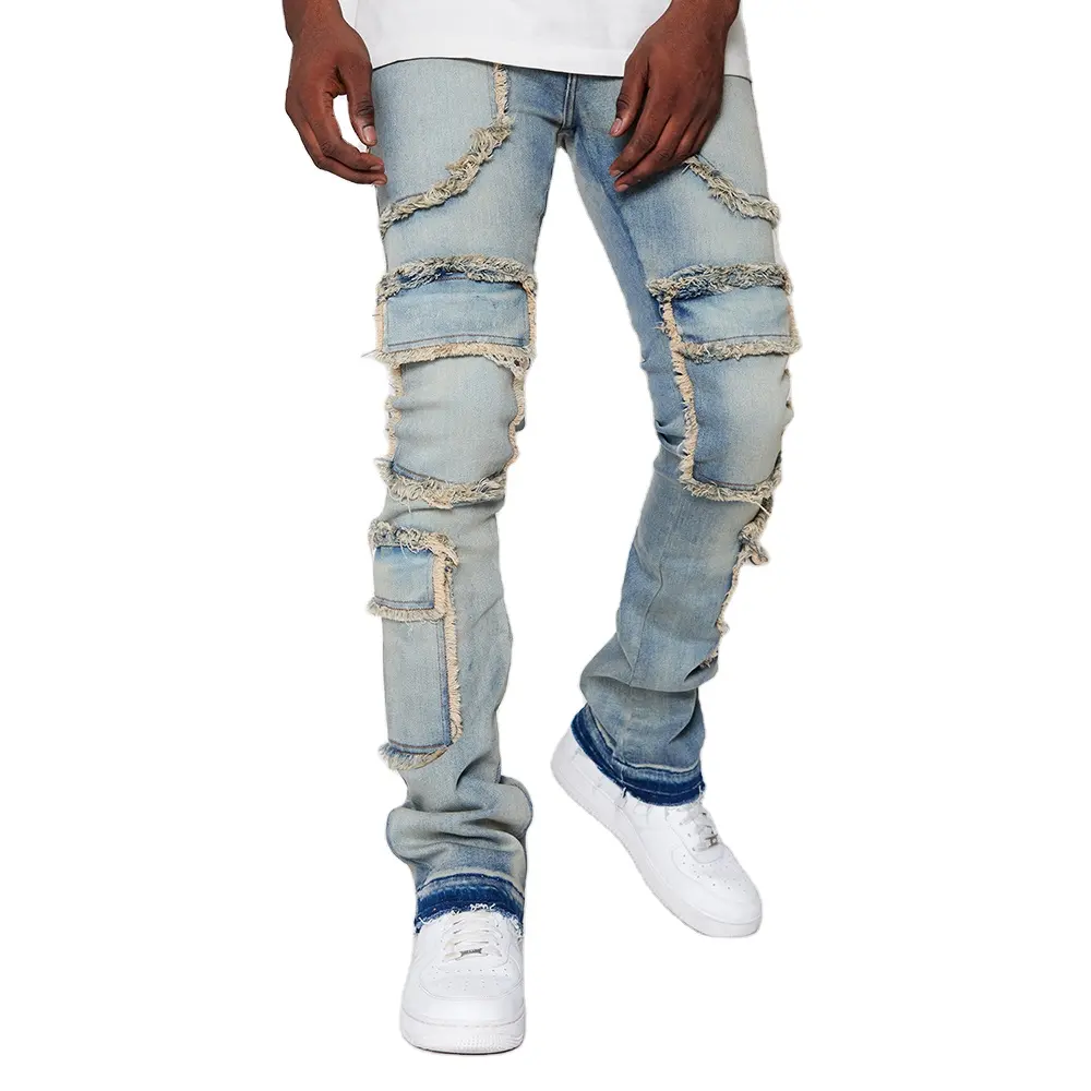 Nouvelle mode de jeans cargo patchwork marron personnalisé pour garçons et enfants jeans empilés pour hommes pantalons évasés à jambes larges pantalons jeans pour hommes