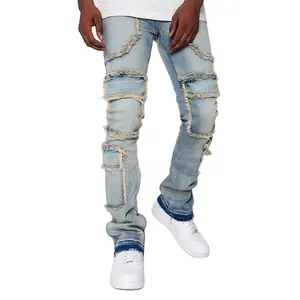 new fashion cargo jeans patchwork brown custom boys kids stacked jeans men flared pants wide-leg men's jeans trousers pants