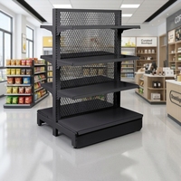 Rak Display Snack Supermarket Hitam Tahan Lama dengan Rak Minuman Berjaring di Belakang untuk Toko Swalayan