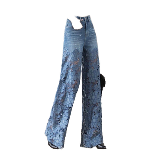 2026 <b>Summer</b> High Street Elegant Y2K Outwear Crochet Hollow Flower Jean <b>Women</b> <b>Pants</b> Baggy Zipper Pocket Button Straight Denim - Product Image 4