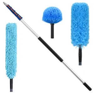 24FT Detachable Room Home Cleaning Telescopic Pole Rod Dust Microfiber Cleaning High Ceiling Fan Feather Dusters Brush