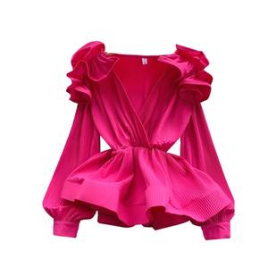 Blus Wanita Elegan Warna Pink dengan Lengan Ruffle - Atasan Lengan Balon Berlipit untuk Pesta & Pakaian Kasual - Product Image 5