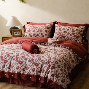Nouvel ensemble de literie quatre pièces en jacquard teint en fil 100 % coton, style chinois années 80, rouge, avec boutons et motif discret, housse de couette - Product Image 5