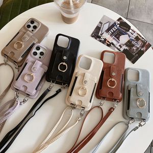 Funda de teléfono de cuero PU con estampado de Lychee con cordón de bolsillo de tarjeta de lujo para iPhone 16 15 14 Pro Max funda tipo billetera con soporte para anillo - Product Image 1