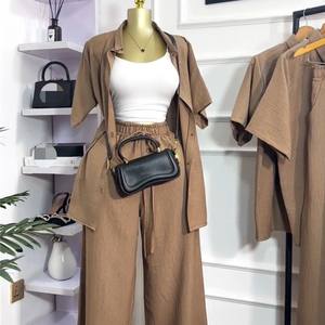 レディース新作カジュアルラペルルーズ半袖シャツワイドレッグパンツ2点セット - Product Image 2