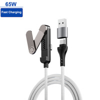 Câble USB Type C à charge rapide PD 65W avec support de téléphone pliable intégré, cordon de transfert de données tressé à angle droit de 90 degrés pour le jeu
