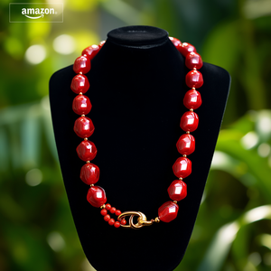 Fashion Beaded <b>Necklace</b> Red Resin Gold Plated Clasp Statement Jewelry - Product Image 3