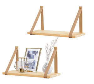 Ensemble de 2 Étagères murales pivotantes modernes avec bracelet en <span class=keywords><strong>cuir</strong></span> Étagères flottantes en bois avec anneaux de suspension - Product Image 1
