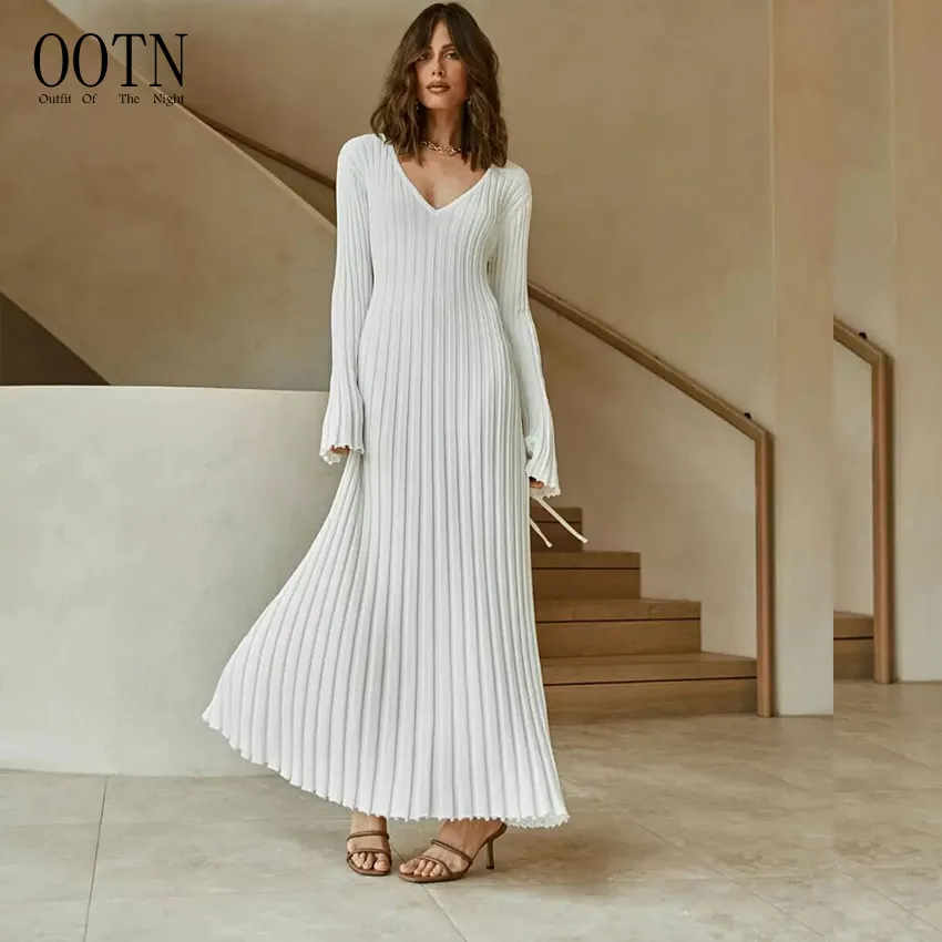 OOTN Female V-neck Casual Ladies Ribbed Maxi Robe Autumn Winter 2022 Elegant Pleated A-line Midi Dresses Women Knitted Long Dres