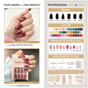 24 <span class=keywords><strong>Uñas</strong></span> Postizas Francesas Color Vino Tinto con Base Dorada y Diamantes Triturados, Forma Almendrada Mediana, Reutilizables, Estilo Festivo de Lujo - Product Image 3