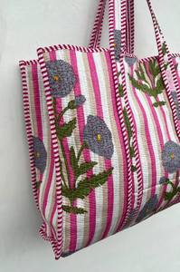 Bolso Tote Acolchado de Algodón con Estampado de Bloques, Cómodo para Uso Diario, Compras, Viajes, Bolso de Hombro - Product Image 4