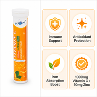 Comprimés effervescents de vitamine C 1000 mg pour adultes avec zinc 10 mg, saveur orange, complément alimentaire quotidien